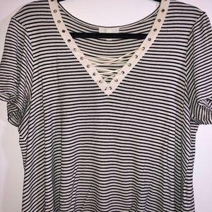 Black and cream striped crop top with neck detail